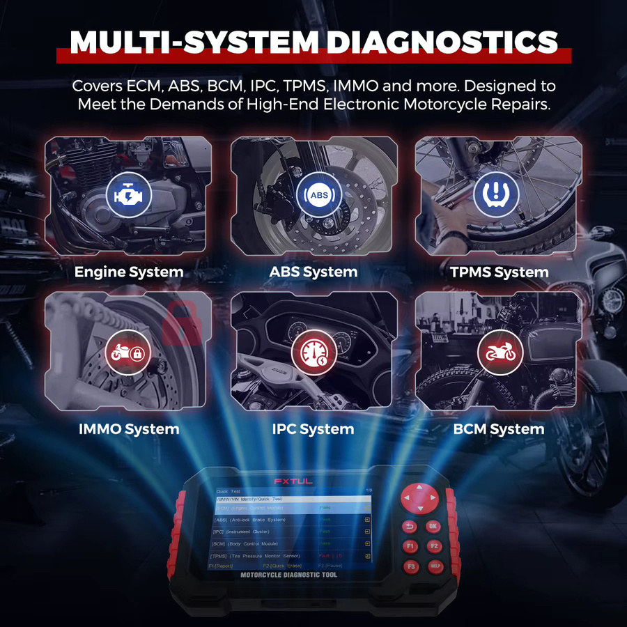 FXTUL M7 Motorrad-Diagnosescanner OBD2 mit 5 Zoll IPS-Bildschirm in Schwarz für BMW und Ducati mit VIN-Erkennung und ABS-Motordatenaufzeichnung - Bild 2