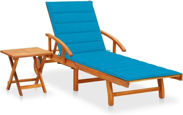 vidaXL Sonnenliege aus Akazie Massivholz mit Tisch und blauer Auflage für Garten und Terrasse - Bild 1