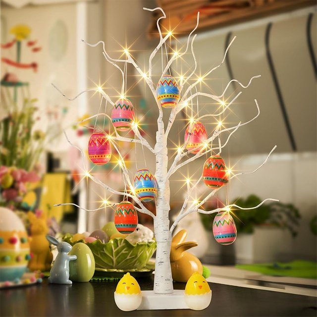 ZQNYCY LED Ostern Birke Dekoration mit hängenden Ei-Ornamenten in Weiß, Höhe: 62 cm - Bild 1