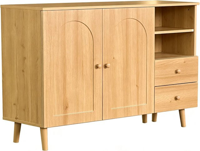 Merax Sideboard in Beige mit 2 Schubladen und 2 Türen sowie Holzfüßen im skandinavischen Design, B/T/H: 82 x 35 x 35 cm - Bild 1