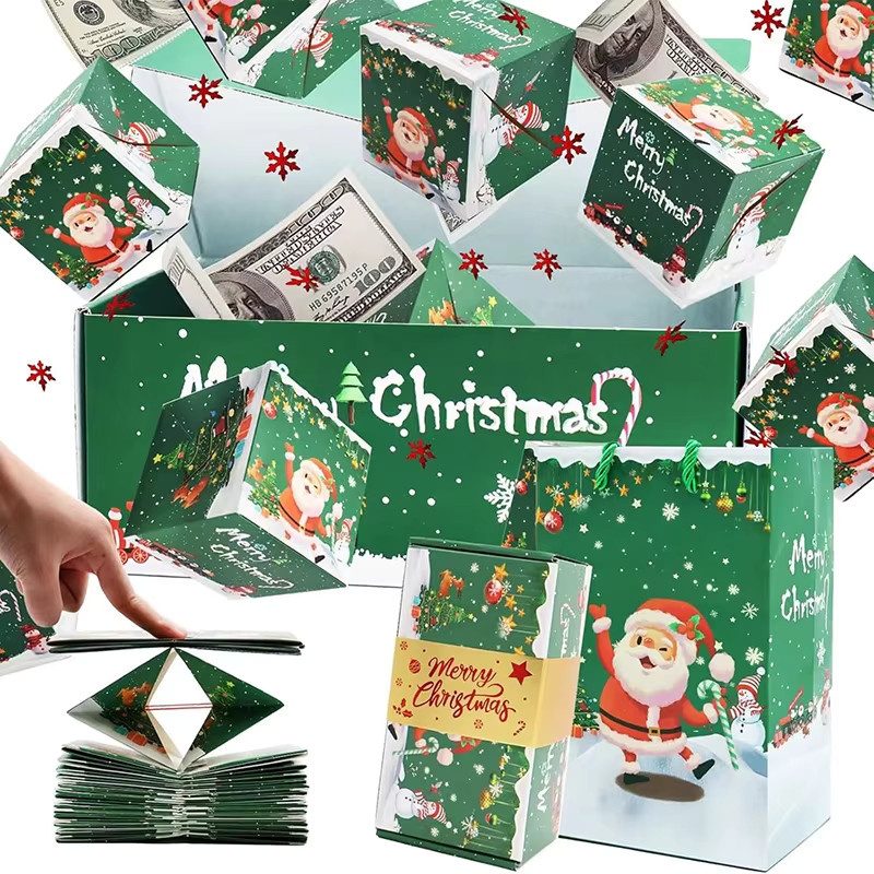12 Stück Weihnachts Pop-up Geschenkboxen in Rot und Grün, faltbare DIY Hüpfboxen aus Papier für Weihnachtsfeiern und Geldgeschenke - Bild 1