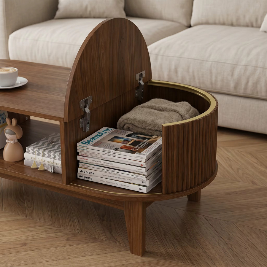 Moderner ovaler Couchtisch WoodenAura aus Walnussholz mit Aufbewahrungsfächern im skandinavischen Design, Farbe: Walnuss, B/T: 100 x 50 cm - Bild 3