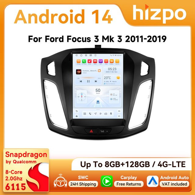 Hizpo Android Auto Autoradio im Tesla-Style für Ford Focus 3 Mk3 2011 - 2019 mit 9,7 Zoll Display, GPS, 4G, Bluetooth, CarPlay und 360 Grad Kamera, Schwarz - Bild 1