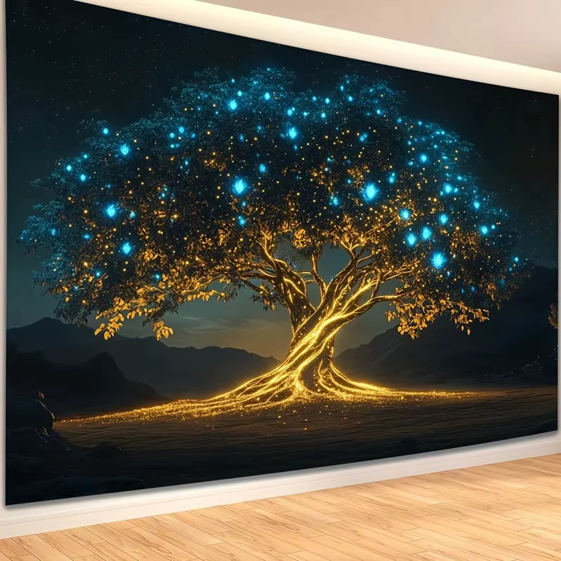 VIKAMA Wandteppich mit leuchtendem Fantasiewald und goldenem Stamm, abstrakte Wanddekoration in Gold und Multicolour, B/H: 40 x 40 cm - Bild 2