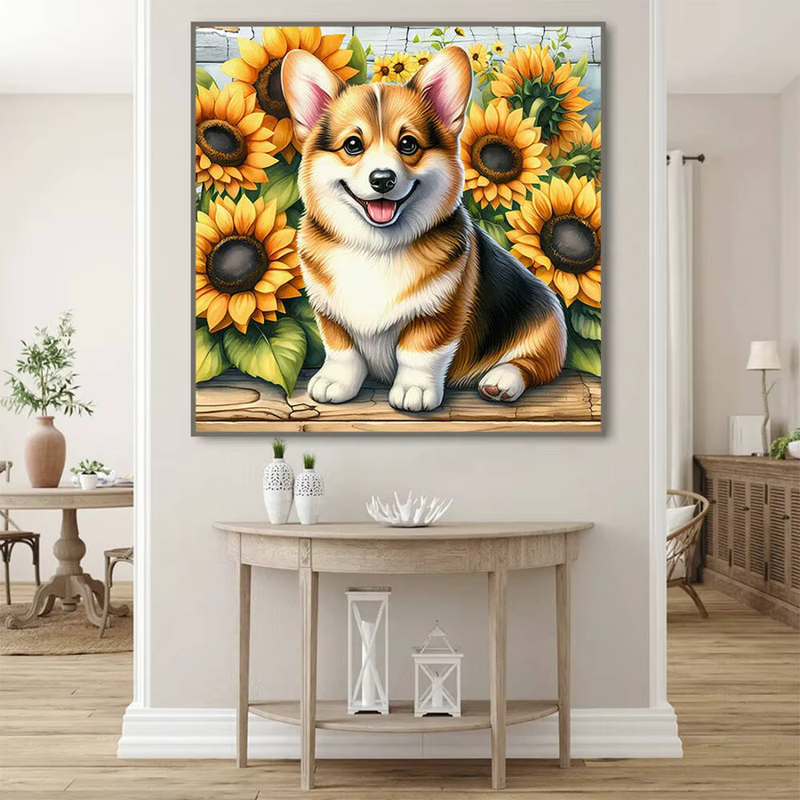 Huacan Diamantmosaik Wandbild mit Hund und Sonnenblumen, runde Dekoration für dein Wohnzimmer, Mehrfarbig, Durchmesser: 30 cm - Bild 3