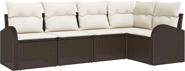 vidaXL Garten-Sofa-Set aus Polyrattan in L-Form mit Kissen, 5-teilig, Braun und Weiß - Bild 1
