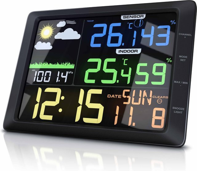 BEARWARE Wetterstation in Schwarz mit Außensensor, LCD Farbdisplay, Wettervorhersage, Luftdruck und Temperaturmessung - Bild 1