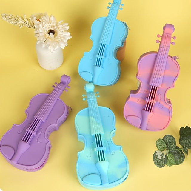 Kreatives Silikon Stiftetui in Form einer Violine, grünes flaches Federmäppchen mit Reißverschluss für Kinder - Bild 1