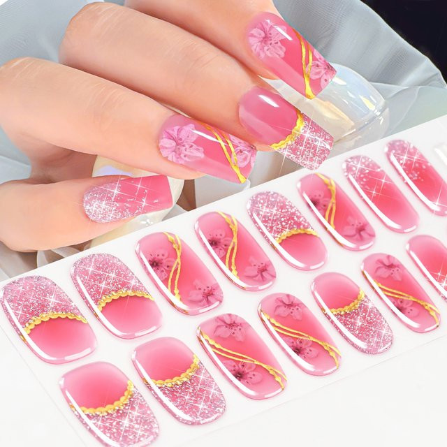 MAFANAILS Nagelaufkleber, 16-teiliges Set, Rosa Blumenmuster mit Goldlinien, Damen - Bild 1