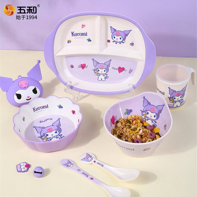 Sanrio Kuromi Kinder-Geschirrset aus Melamin in Lila mit Teller, Schüssel und Löffel - Bild 1
