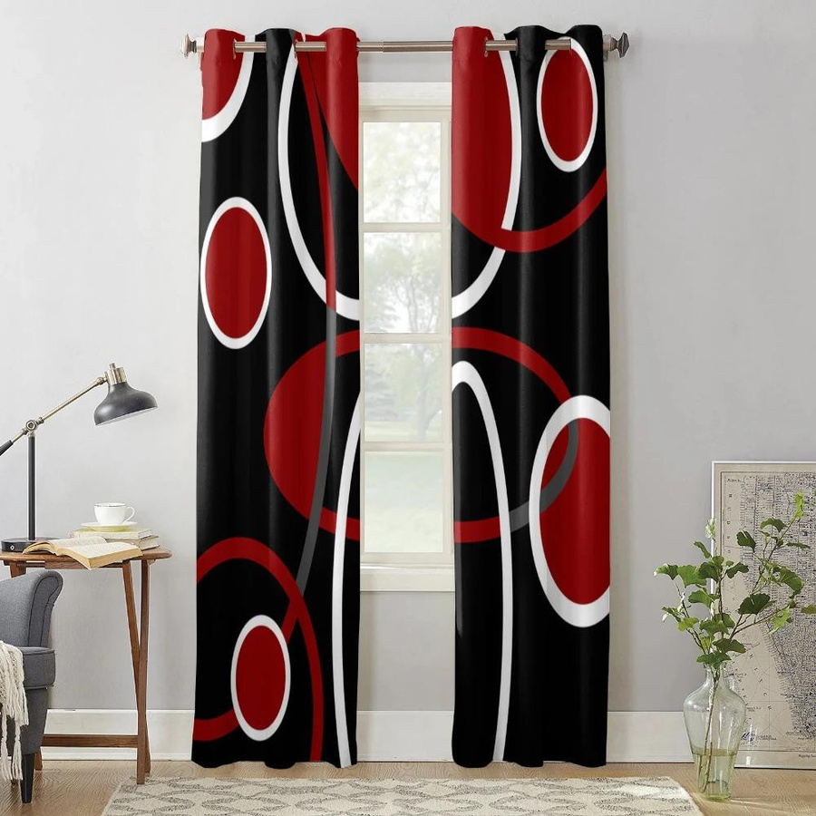 Yiran Furniture Vorhänge 2er-Set mit geometrischem abstraktem Linienmuster in Rot und Schwarz, semi-transparent, Polyester, mit Ösen, Breite: 100 cm, Höhe: 130 cm - Bild 3