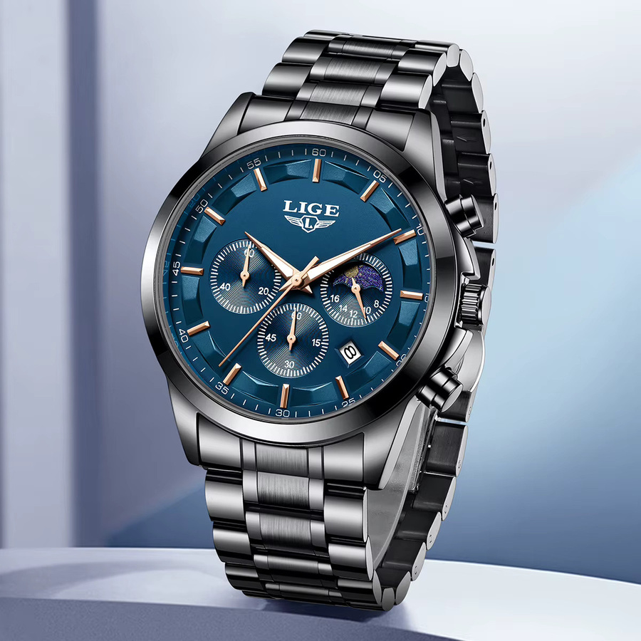LIGE Armbanduhr Chronograph, Quarz, Edelstahl, Blau, Herren - Bild 3