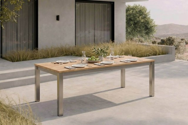 OUTFLEXX Ausziehtisch für den Garten aus Teakholz und Edelstahl in Braun, B/T: 220 bis 340 x 100 cm - Bild 1