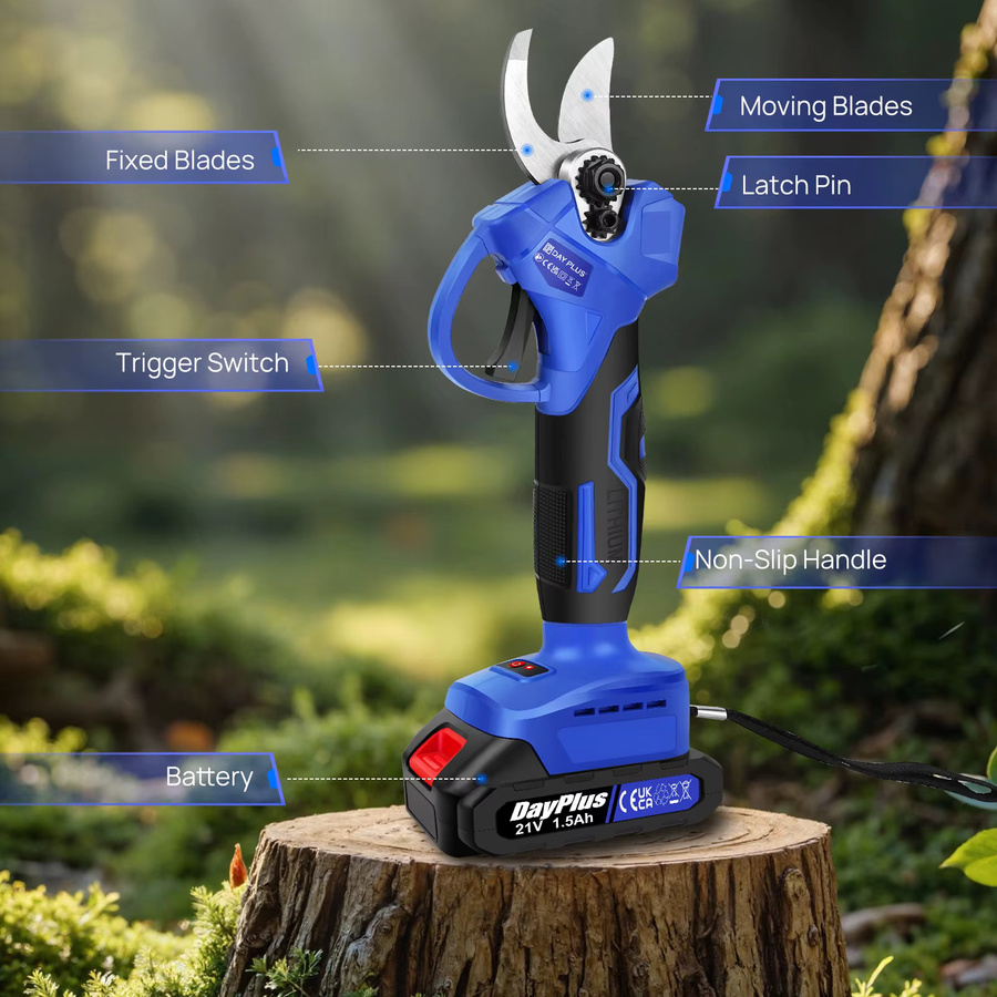 Professionelle bürstenlose Akku-Gartenschere in Blau mit 2 Lithium-Batterien zum Schneiden und Trimmen von Ästen in Obstgärten und Weinbergen - Bild 3
