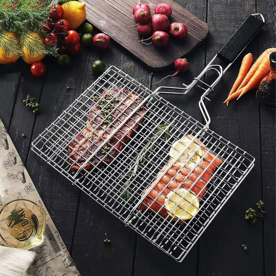 FEB.WIND Tragbarer Outdoor-Camping-Grillständer aus Edelstahl in Silber mit Grillkorb und abnehmbarem Griff - Bild 2