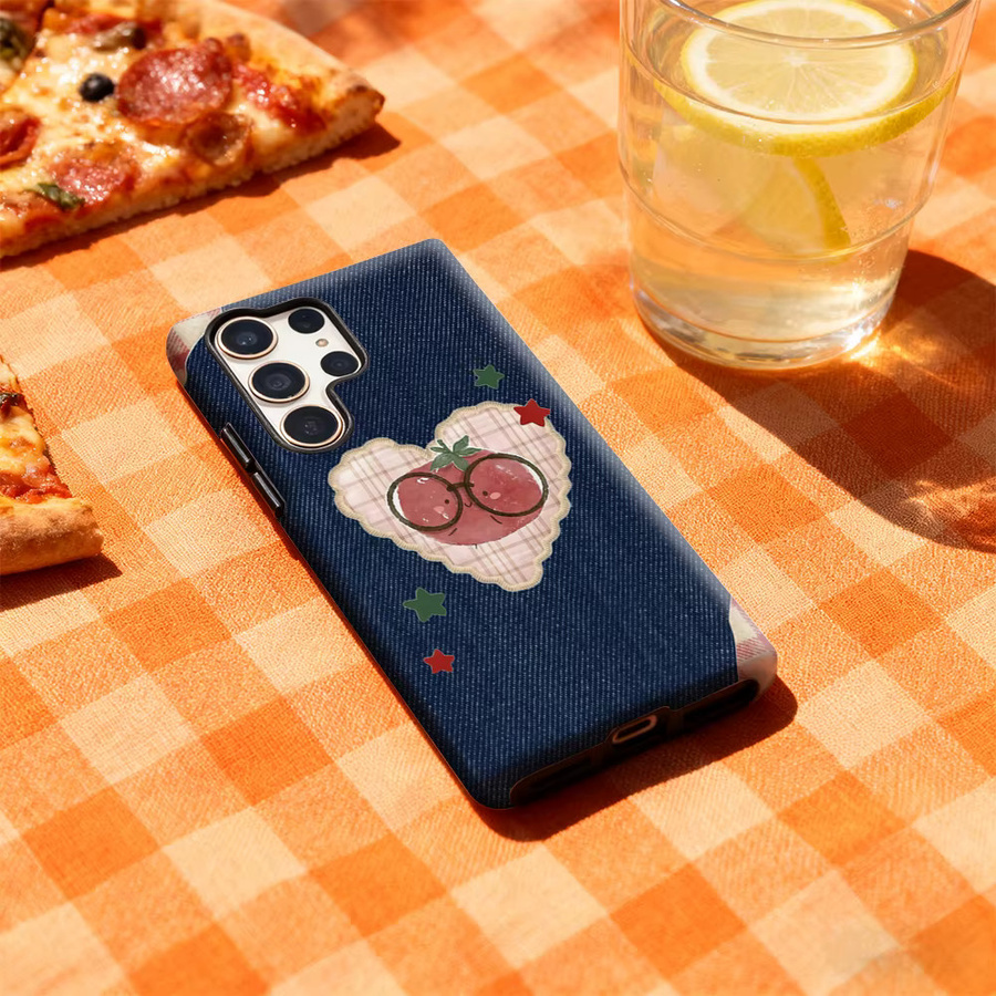 Samsung Handyhülle im Denim-Stil mit Tomaten-Design für Galaxy S25 Ultra, S24 und S23 Ultra Plus in Blau mit glänzender doppellagiger Rückseite - Bild 3