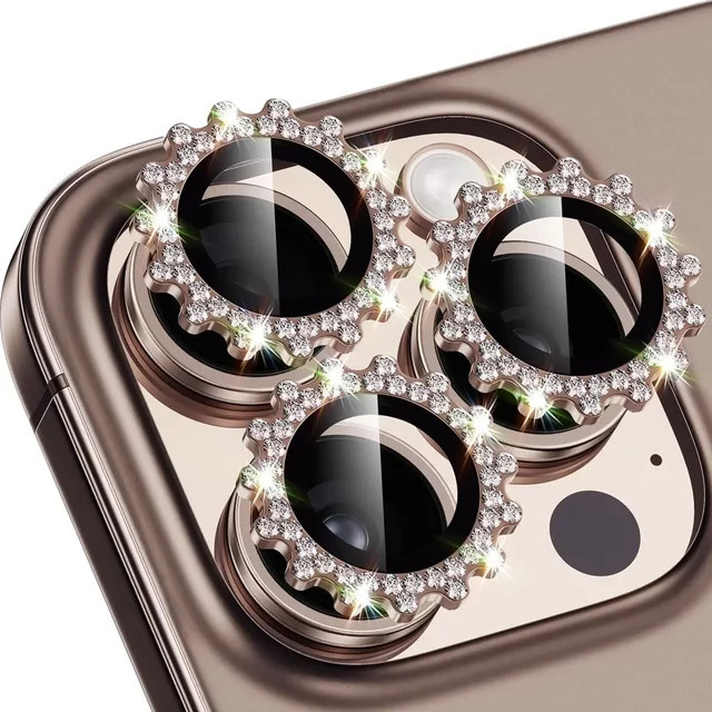 Bling 3D Metal Gear Design Diamond Kameraobjektiv-Glasschutz für iPhone 17 Pro Max, 16 Plus, 15, 14 Pro, 13 Mini in Schwarz - Bild 1