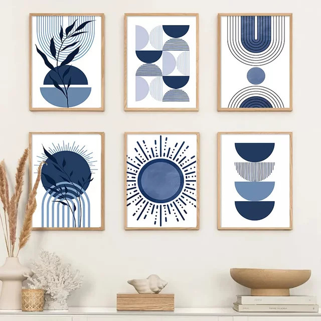 Potdemiel Boho Wandbild Blau Abstrakte Moderne Leinwandmalerei mit Sonne und geometrischen Linien im Portraitformat - Bild 1