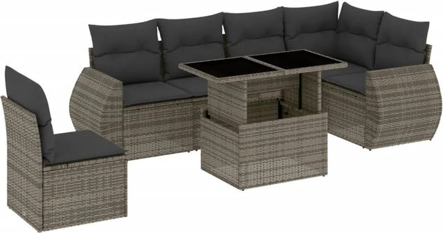 vidaXL 7-tlg Garten-Sofagarnitur in L-Form aus grauem Poly-Rattan mit Kissen und pulverbeschichtetem Stahlgestell - Bild 1