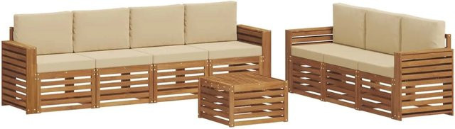 vidaXL Sofagarnitur 8-teilig aus Massivholz Akazie in Natur und Beige mit Tisch und Kissen im modernen Latten-Design - Bild 1
