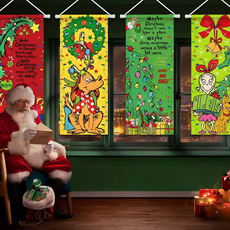 VIKAMA 4er Set Willkommen bei Whoville Weihnachtsbanner, mehrfarbige Textil-Wimpel für deine Weihnachtsdekoration und festliche Partys - Bild 2