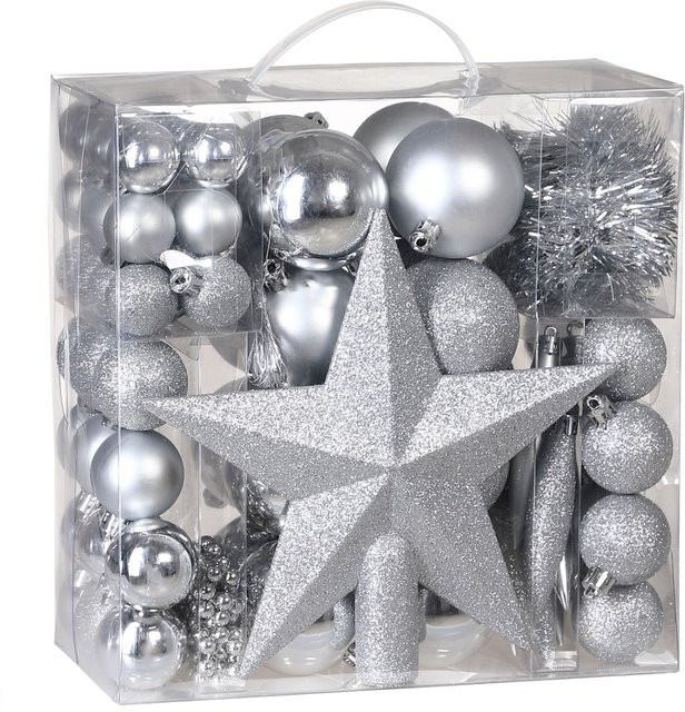 CASARIA Weihnachtskugeln Silber 77-teiliges Set in matt, glänzend und glitzernd mit Zapfen - Bild 1