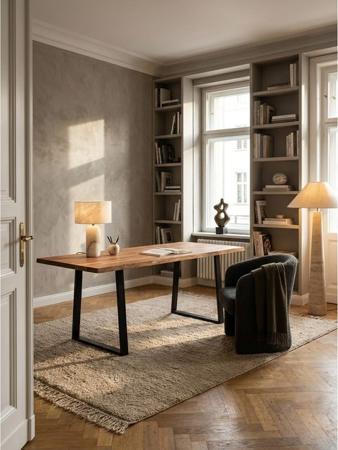 Schreibtisch aus Massivholz Akazie mit Trapezgestell von KADIMA DESIGN, Farbe Braun, B/T/H: 140 x 80 x 76 cm - Bild 1