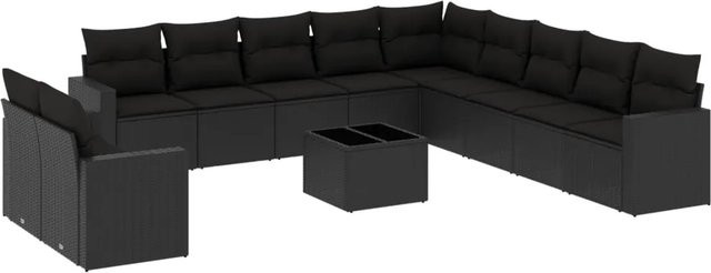 vidaXL 12-tlg. Garten-Sofagarnitur in L-Form aus schwarzem Poly-Rattan mit UV-beständigen Kissen und pulverbeschichtetem Stahlgestell - Bild 1