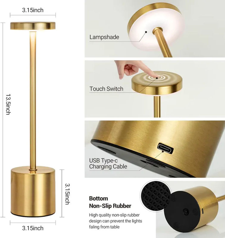 Wiederaufladbare LED Tischlampe aus Metall mit Touch-Funktion und drei Lichtfarben in Gold/Messing - Bild 4