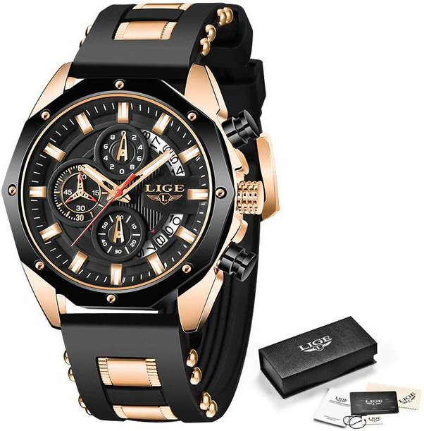 LIGE Armbanduhr Chronograph, Quarz, Edelstahl, Silikon, 46 mm, Herren, schwarz/gold - Bild 1