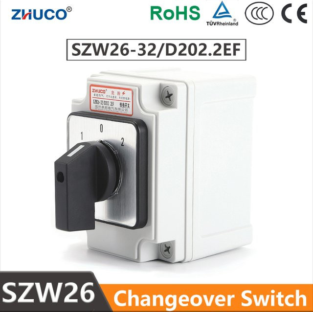 ZHUCO Drehschalter SZW26/LW26-32/D202.2EF 3-Positionen-EIN-AUS-EIN 660V 32A mit externer Box und 8-Schrauben-Anschluss - Bild 1