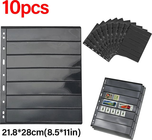 10 Stück Briefmarkenalbum-Seiten mit 7 Fächern aus PVC in Schwarz als Nachfüllseiten für deine Briefmarken- und Münzsammlung - Bild 1