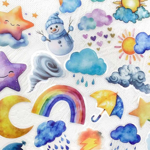 50 Stück Aquarell Wetter Regenbogen PET Aufkleber in Multicolour und Transparent für Laptop, Notebook und Koffer - Bild 1