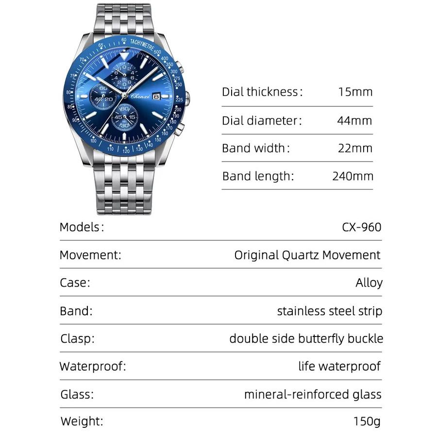 CHENXI Armbanduhr Quarz, Edelstahl, Schwarz, Herren - Bild 5