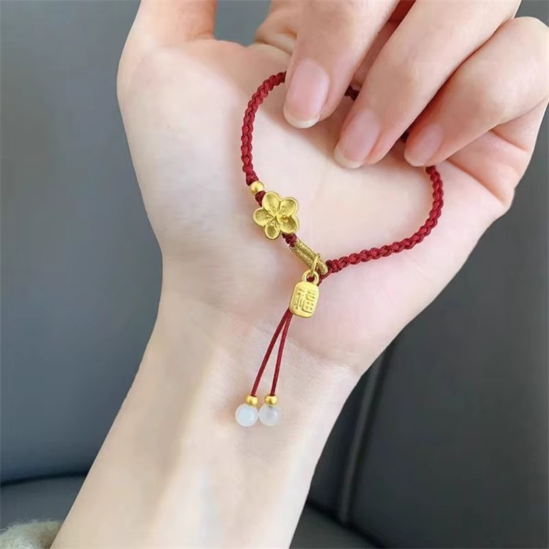 RINHOO FRIENDSHIP Armband, rote Seilperlen, goldfarben, Pfirsichblüte, Fu-Anhänger, Unisex - Bild 2