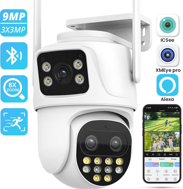 TPTEK Drei-Linsen-PTZ-IP-Kamera WLAN Außen 9MP Sicherheitsüberwachungskamera mit KI-Humanoid-Erkennung, Auto-Tracking und ICsee App, Farbe: Weiß - Bild 1