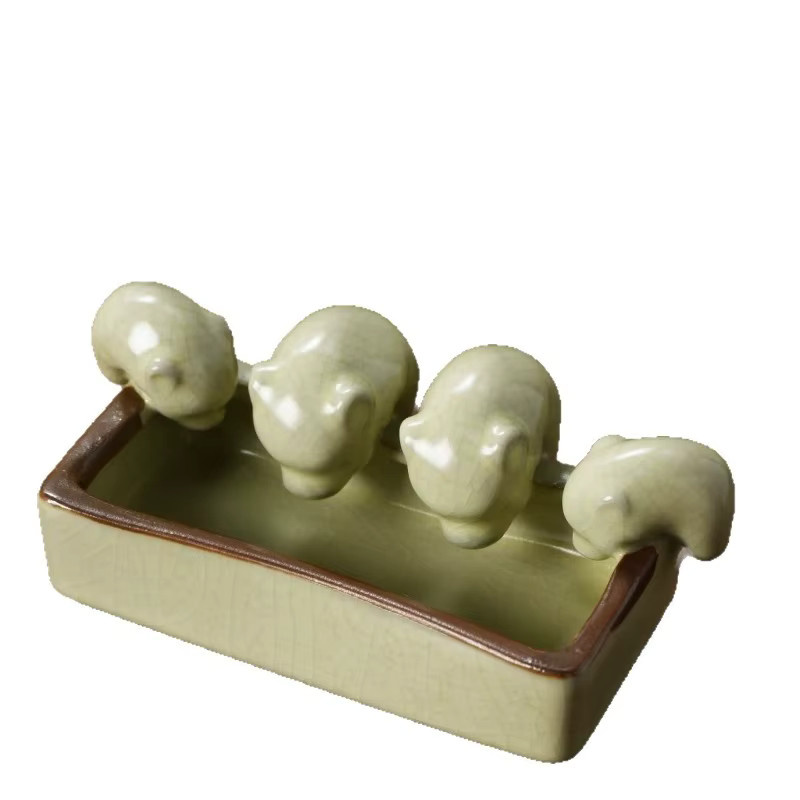 Ru Kiln Tea Pet Set 4 mit Crackle Glaze Schweinen in Grün für die Kung Fu Teezeremonie aus Keramik - Bild 3