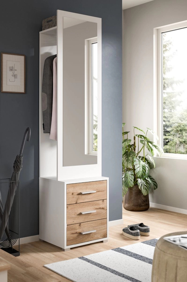 Inn.Furn Kompaktgarderobe Pallas in Weiß und Eiche mit Spiegel und Schubladen, Breite: 45 cm, Höhe: 190 cm - Bild 3