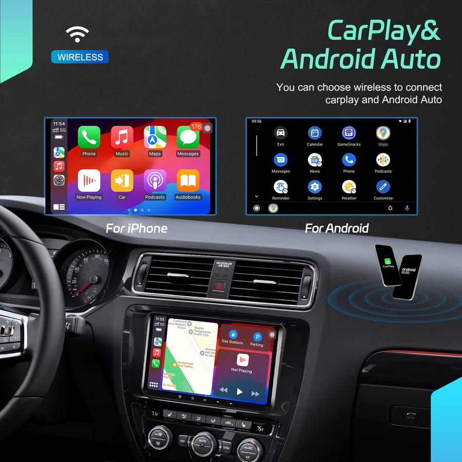 Podofo Android Auto und Wireless CarPlay Autoradio mit GPS Navigation, AI Sprachsteuerung und Multimedia Player in Schwarz - Bild 2