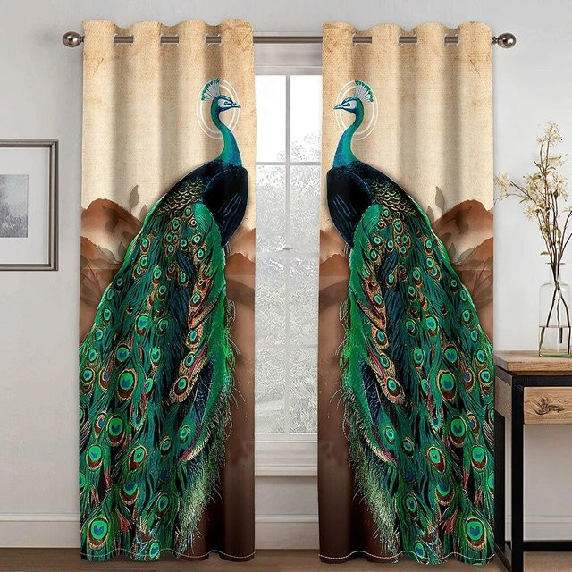 A Family Of Home Textiles Vorhang Set mit 3D Digitaldruck Vintage Pfauenfeder und Blumen, semi-transparent, Mehrfarbig, Breite: 50 cm, Höhe: 130 cm, 2 Stück - Bild 1