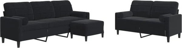 vidaXL 3-teilige Sofagarnitur aus Samt in Schwarz mit 3-Sitzer-Sofa, 2-Sitzer-Sofa, Fußhocker und Nackenrollen