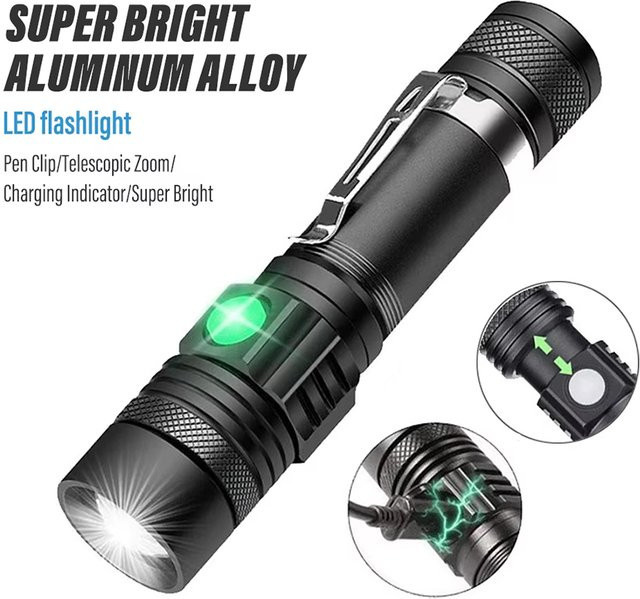 KDULIT LED-Taschenlampe mit USB-Ladefunktion, Schwarz, wiederaufladbar für 18650 Akkus - Bild 1