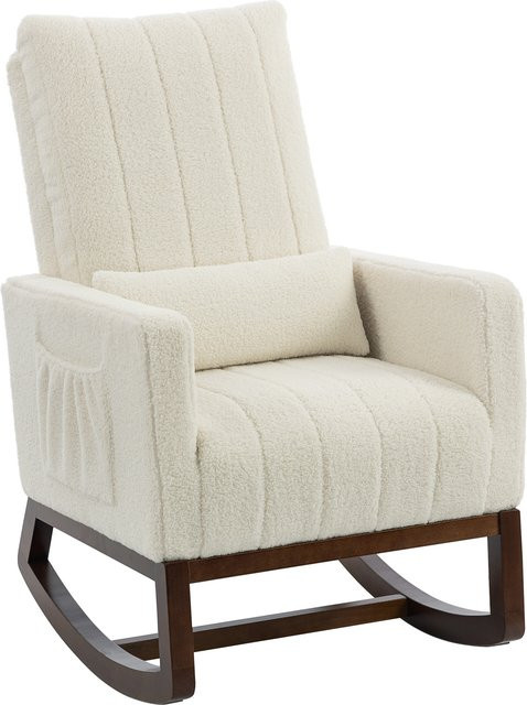 HOMCOM Schaukelstuhl aus Snow-Flanell mit Hevea-Holzgestell und Lendenkissen in Creme/Beige - Bild 1