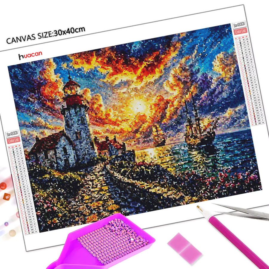 Huacan Diamantmalerei Sonnenuntergang am Meer mit Haus als Dekorative Landschaft mit Diamantmosaik, Mehrfarbig, B/H: 30 x 20 cm - Bild 2