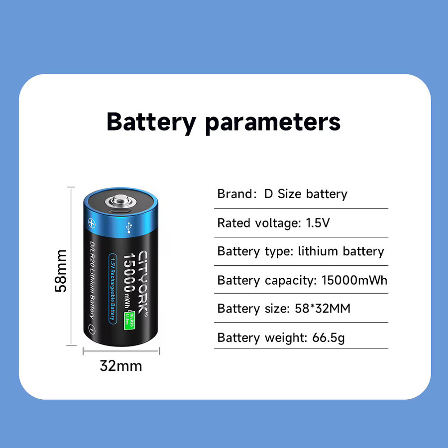 CITYORK Wiederaufladbare LR20 D-Batterien 1,5V USB-C Li-Ionen-Akku 15000mWh Schwarz - Bild 2