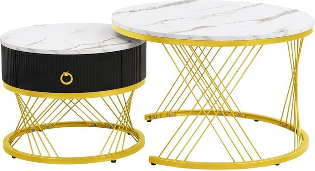 okwish Couchtisch in Marmoroptik mit Schubladen, Weiß, B: 78 cm, T: 77 cm, H: 45 cm - Bild 1