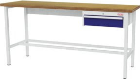 STIER Werkbank mit 1x150 mm Schublade aus Stahl und Holz, B/T/H: 200 x 60 x 96 cm, Farben: RAL 7035 Grau / RAL 5010 Blau - Bild 1