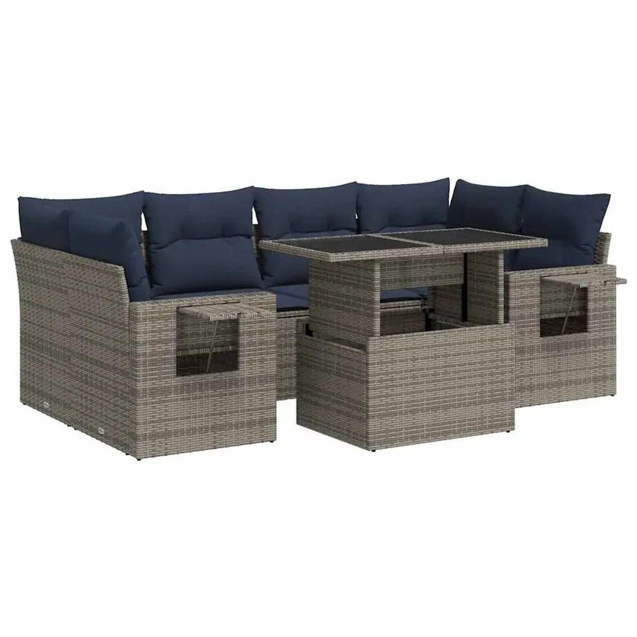 vidaXL 7-teilige Garten-Sofagarnitur aus Poly-Rattan mit Kissen in Grau und Marineblau - Bild 2