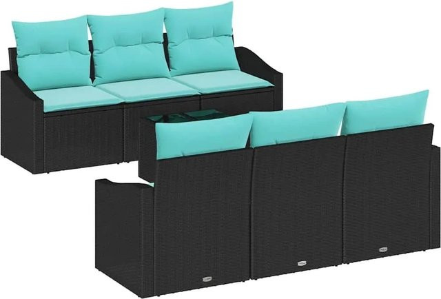 vidaXL Sofa Set aus Poly Rattan in Schwarz und Türkis mit 7 Teilen und Kissen - Bild 1