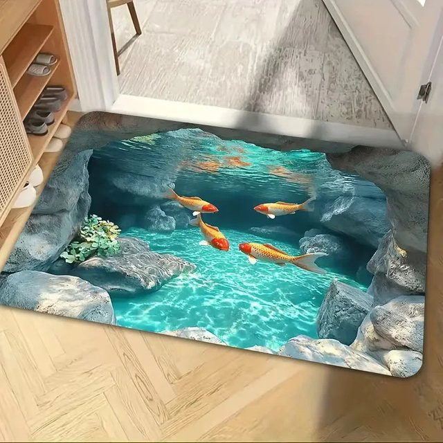 VIKAMA 3D-Illusions-Koi Fußmatte mit rutschfester Unterseite, buntes Fisch-Design, rechteckig - Bild 1